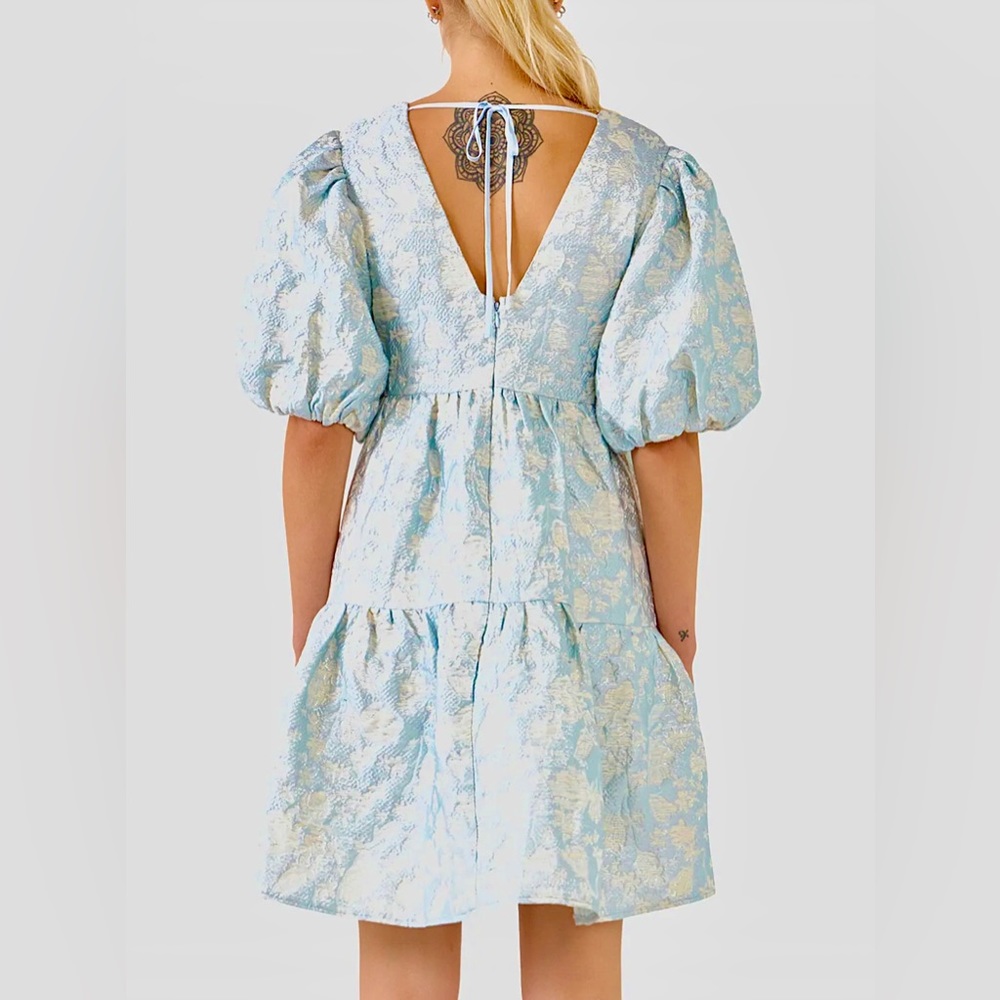 Puff Sleeve Jacquard Silver Blue Dress - Picture 3 of 13